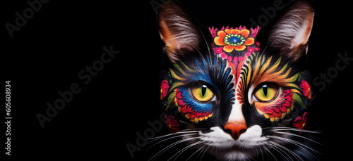 Closeup of a cat as la Muerte with bright art painted muzzle on black background. Banner with copy space. AI generative