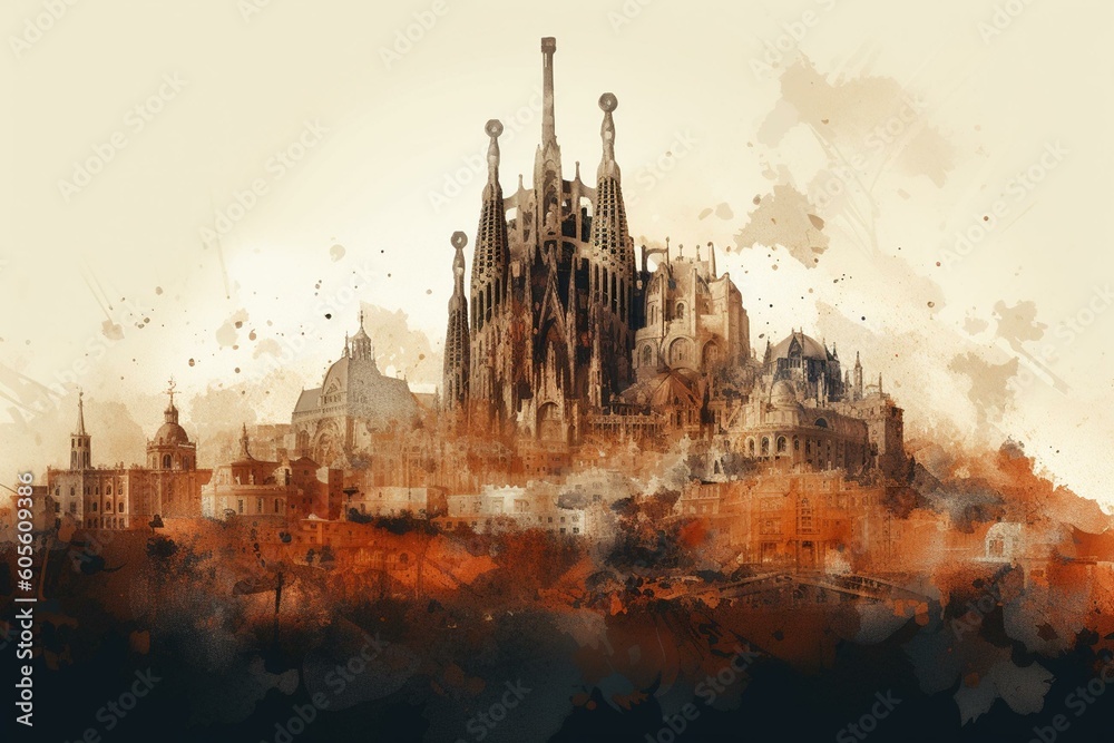 Abstract Barcelona Landmarks Illustration. Generative AI