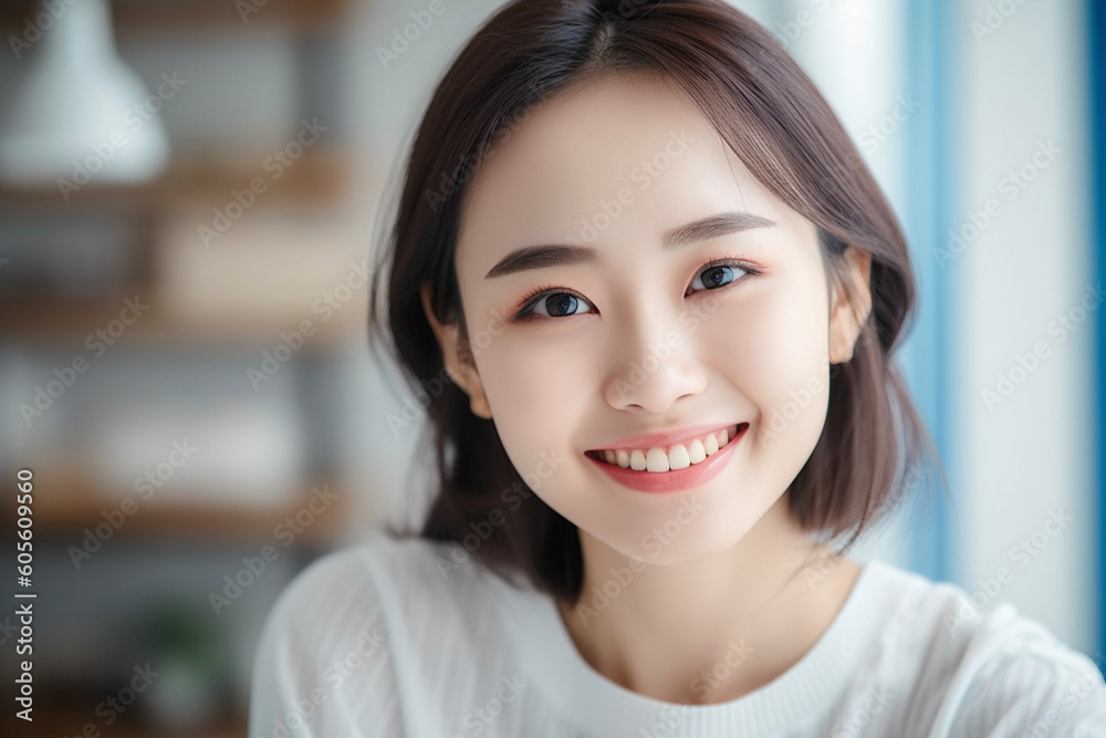 リビングでの若い女性の笑顔のポートレート AI生成画像 ジェネレーティブAI リビングでの若い女性の笑顔のポートレート AI生成画像 ジェネレーティブAI