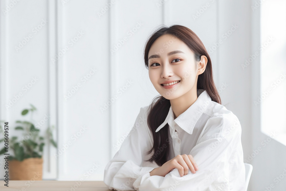 リビングでの若い女性の笑顔のポートレート AI生成画像 ジェネレーティブAI リビングでの若い女性の笑顔のポートレート AI生成画像 ジェネレーティブAI