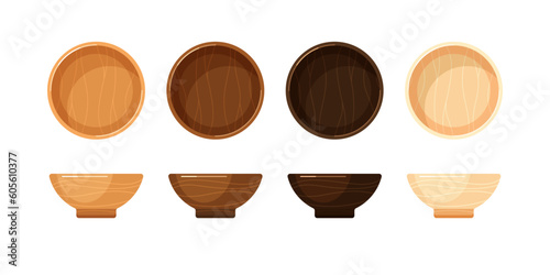 Empty wooden bowls, deep plates or dishes for soup, garnish and salad, side and top view. Vector flat cartoon set of serving tableware isolated on white background