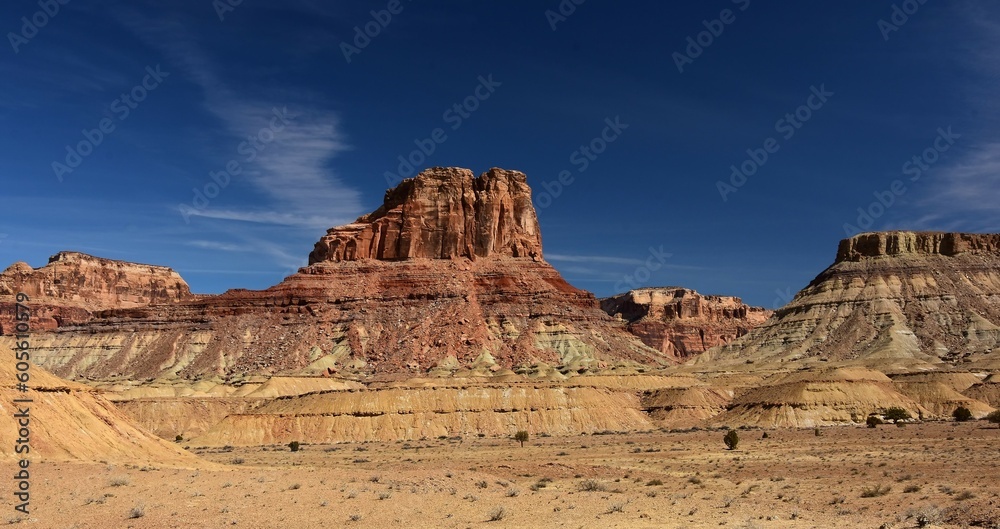 colorful red rock formations  and assembly hall peak  on a sunny winter day  along the buckhorn draw scenic backway in the northern san rafael swell near green river,  utah 