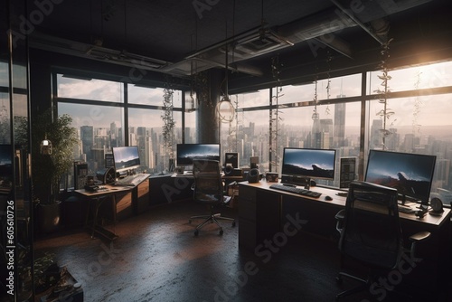 Contemporary workplace with unobstructed urban panorama. Generative AI