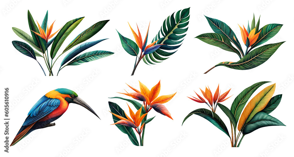 Watercolor strelitzia set. Watercolor strelitzia set.