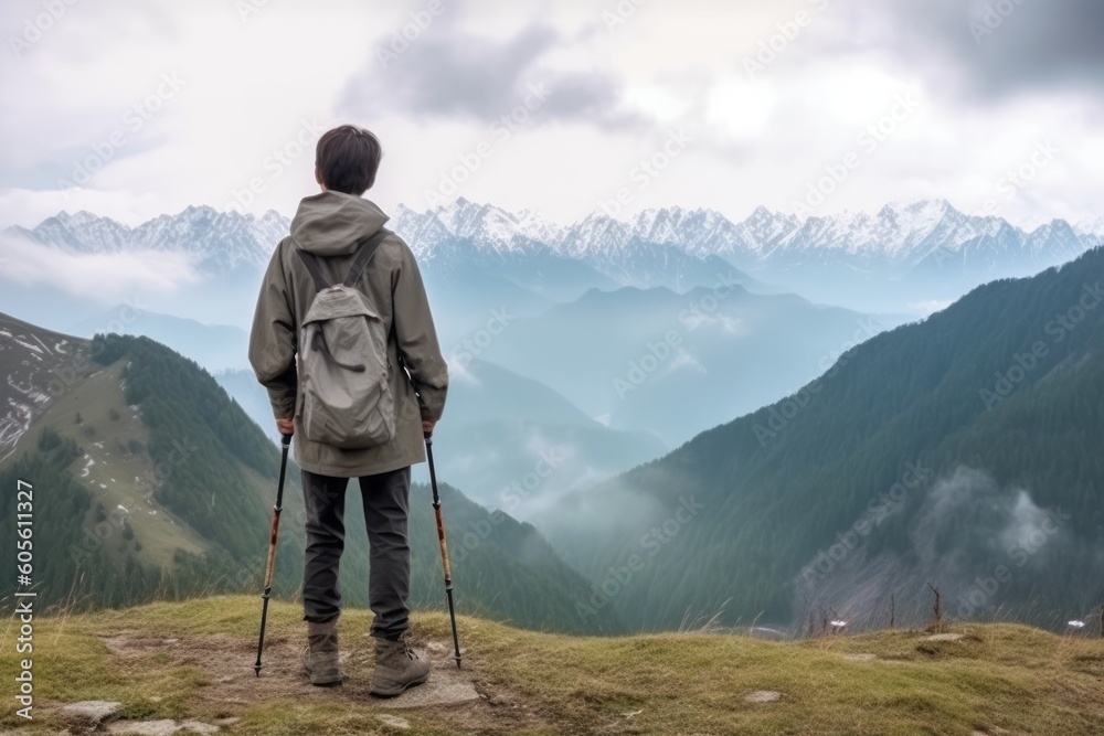 A young hiker person in sportswear watch a amazing panorama. Concept a sense of adventure and freedom. Generative AI