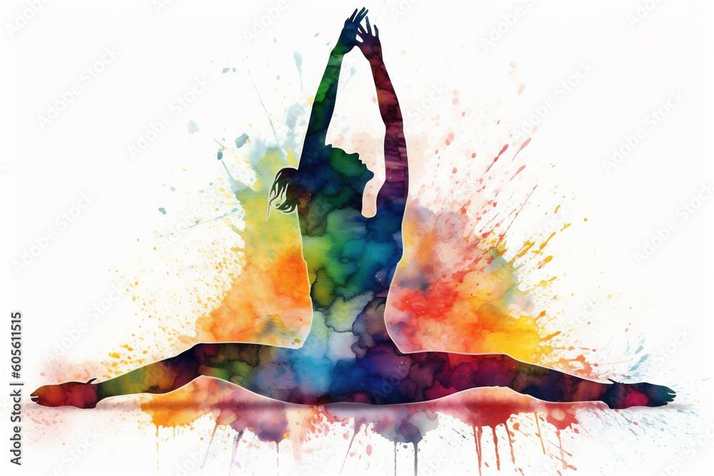 Obraz premium Silhouette of a woman doing yoga with colorful splashes. Generative AI.
