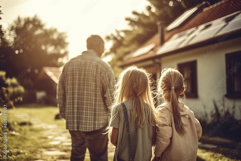 Naklejka premium Back view of family of three looking at house. Generative AI.