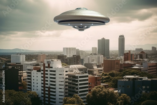 A UFO hovers above an urban landscape. Perfect for apparel, stationery, and prints. Generative AI