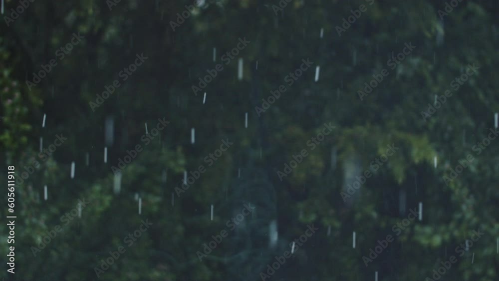 Slow-motion shot of hail falling through the frame, dark green bushes in the background. Static shot of a hail storm in spring. Slow-motion shot of hail falling through the frame, dark green bushes in the background. Static shot of a hail storm in spring.
