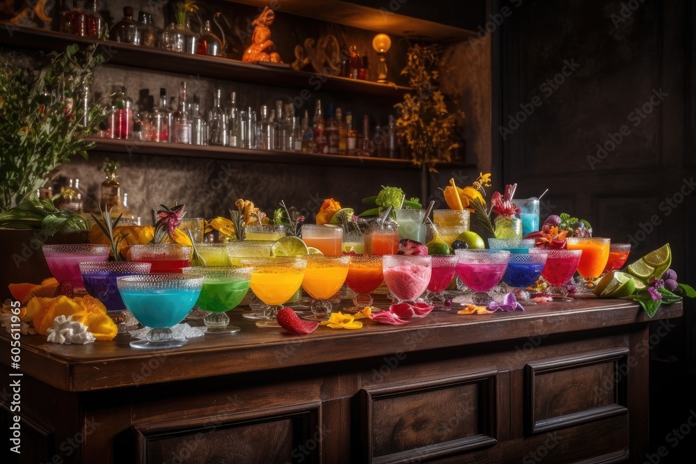 colorful cocktail bar with a variety of drinks, mixers, and garnishes