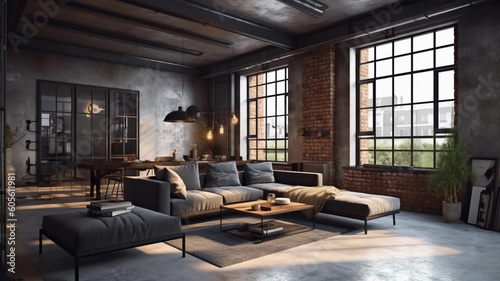 Living room industrial style in dark colors.AI Generated © Ps_Studio21