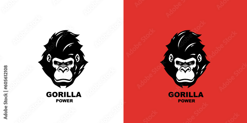 Gorilla head logotype vector illustration on a white and red background. Logo mark.