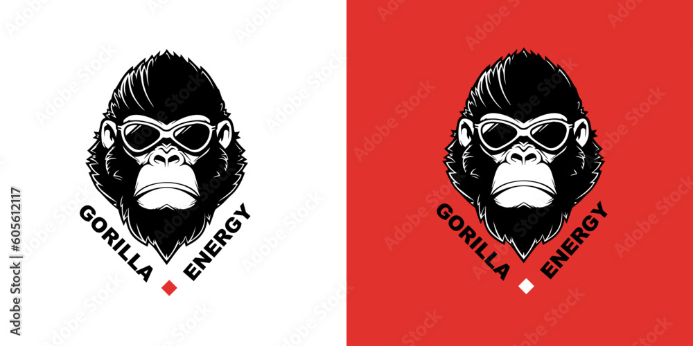 Gorilla in sunglasses logotype vector illustration on a white and red background. Logo mark design template