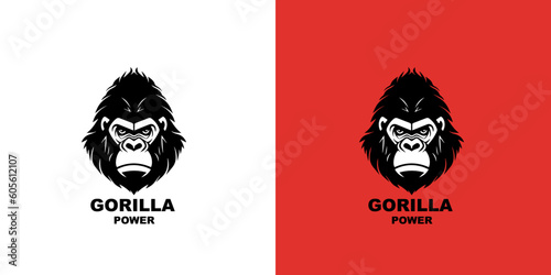 Gorilla head logotype vector illustration on a white and red background. Logo mark.