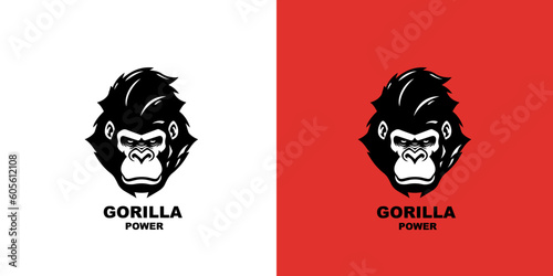 Gorilla head logotype vector illustration on a white and red background. Logo mark.