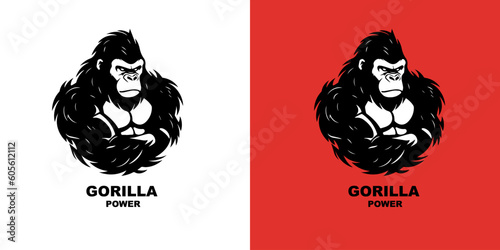 Gorilla power logo vector illustration on red and white background. Logotype sign design template.