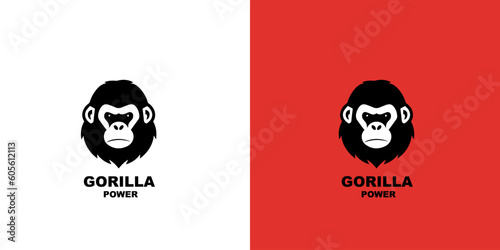 Gorilla head logotype vector illustration on a white and red background. Logo mark.