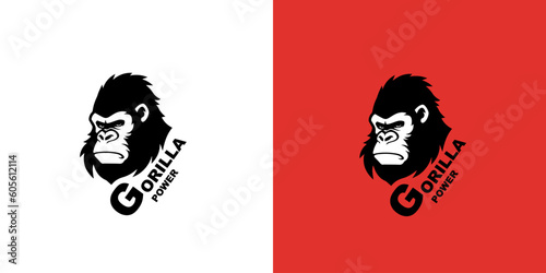 Gorilla head logotype vector illustration on a white and red background. Logo mark.