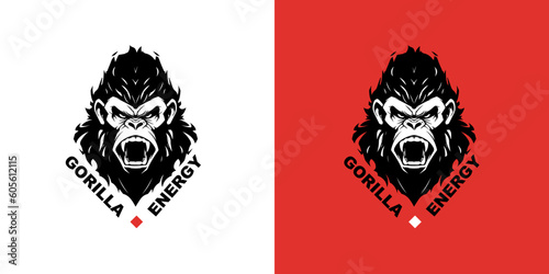 Gorilla logotype Vector illustration on red and white background, head battle roar. logo mark
