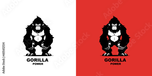 Gorilla power logo vector illustration on red and white background. Logotype sign design template.