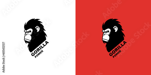 Gorilla head logotype vector illustration on a white and red background. Logo mark.