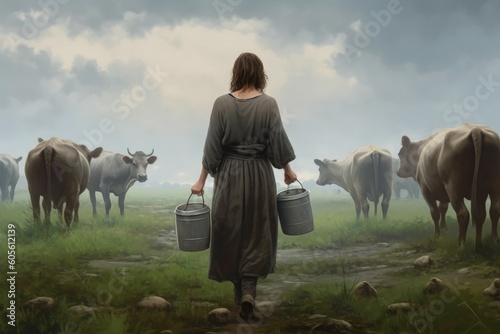 Milkmaid woman bucket cows. Generate Ai photo