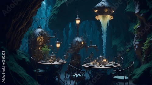 Immerse yourself in a whimsical garden where a steampunk-inspired tea party unfolds. Intricately designed clockwork flowers bloom, their gears turning and petals gleaming in the sunlight. Ai Image photo