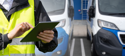 Manager with a digital tablet on the background of vans. Fleet management.