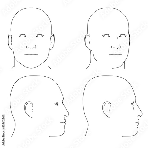 Set with contours of male head isolated on white background. Front view, side view. Vector illustration.