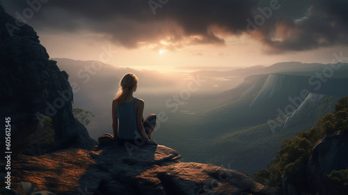 Woman's back view of the scenery on the hill,丘の上で景色を眺める女性の後ろ姿, Generative AI