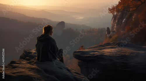 Woman's back view of the scenery on the hill,丘の上で景色を眺める女性の後ろ姿, Generative AI