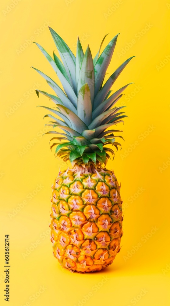 Pineapple on yellow background. Generative AI.