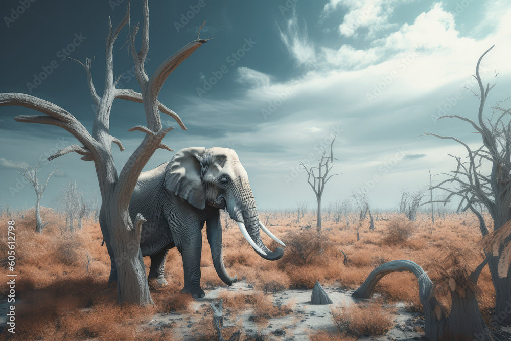 Obraz premium Elephant in destroyed forest, Environmental concept, Generative ai
