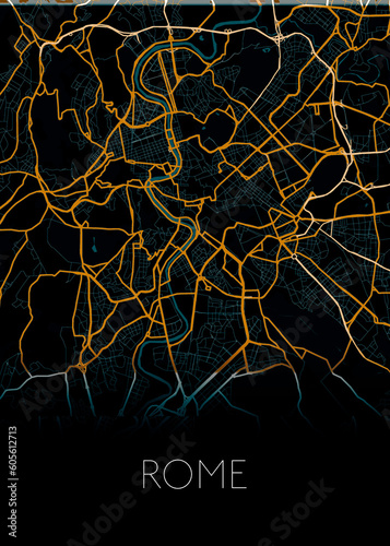 Rome, Italy black and blue dark city map design