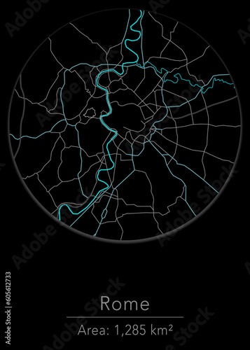 Rome, Italy black and blue dark city map design