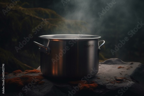 A solitary cooking pot made of stainless steel. Generative AI