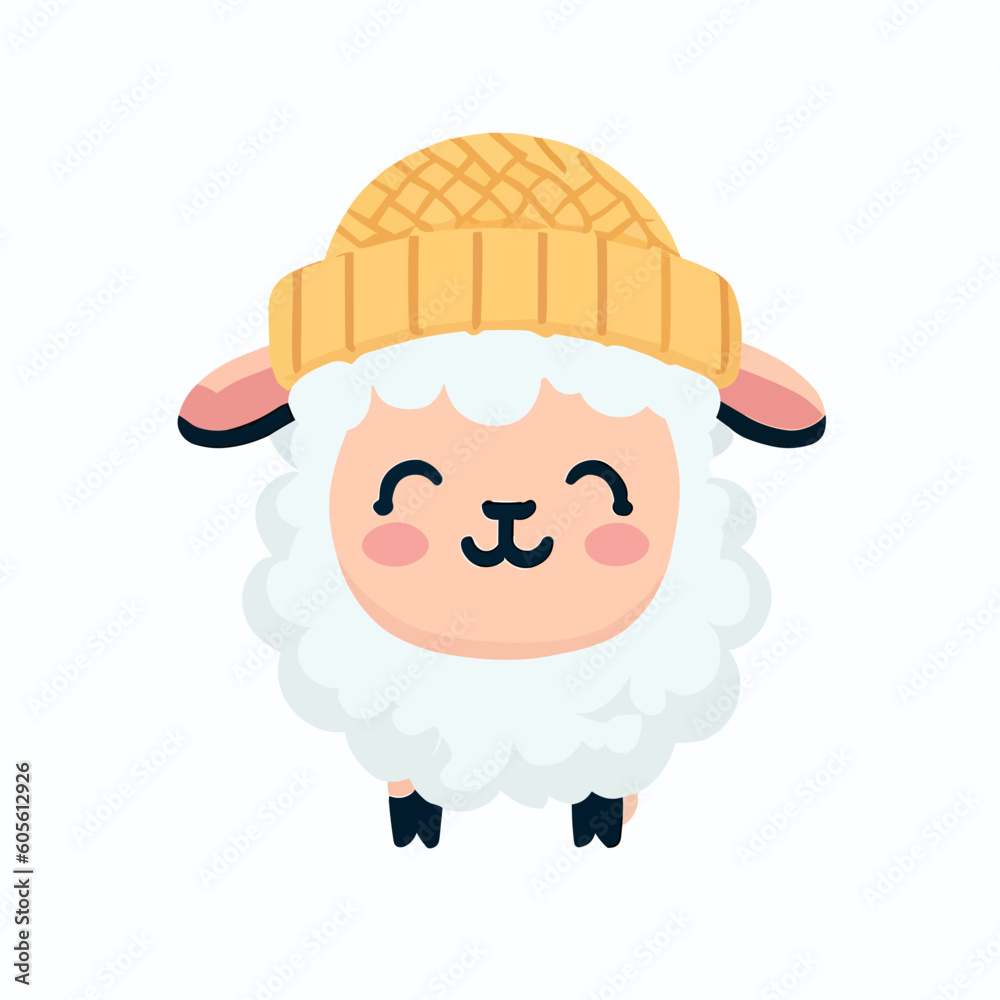 Fototapeta premium Cool cute little happy sheep with beanie - vector graphic art