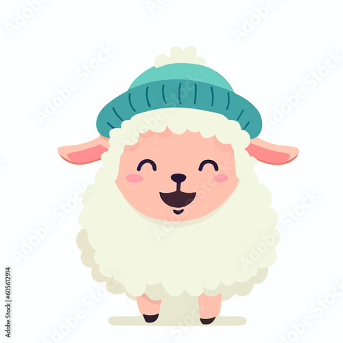 Cool cute little happy sheep with beanie - vector graphic art