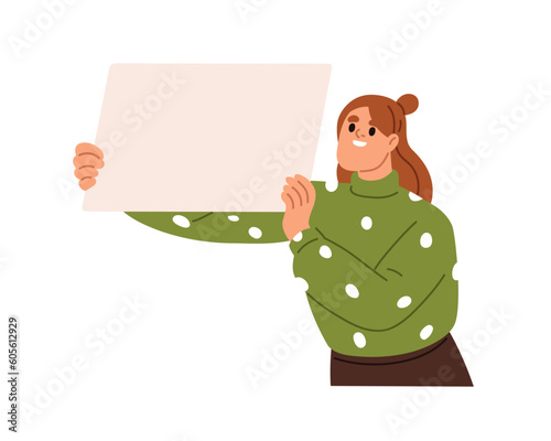 Happy woman holding blank paper board in hand. Girl showing empty presentation, demonstrating, presenting, advertising, marketing placard. Flat vector illustration isolated on white background
