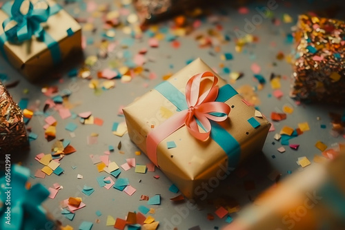 gift boxes, confetti on a blue background in the studio, top view, space for text. AI generated