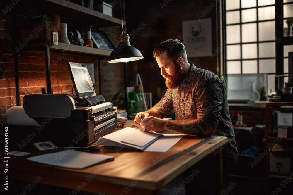 Professional photographer using an ink photo printer in a well-lit studio, emphasizing the printer's role in professional photography workflows. Generative Ai Professional photographer using an ink photo printer in a well-lit studio, emphasizing the printer's role in professional photography workflows. Generative Ai