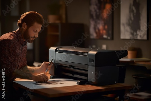 Professional photographer using an ink photo printer in a well-lit studio, emphasizing the printer's role in professional photography workflows. Generative Ai