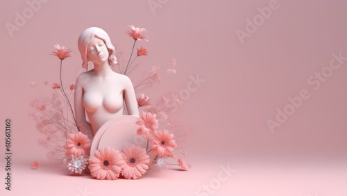 Female sculpture with spring flowers in 3d style. Concept of women's health and beauty. AI Generated.