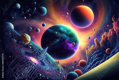 amazing sci fi illustration of outer space Space station stars planets nebulas astronaut abstract psychedelic art