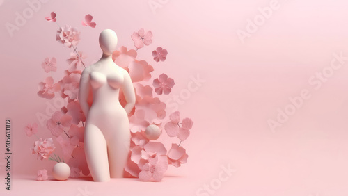 Female sculpture with spring flowers in 3d style. Concept of women's health and beauty. AI Generated.
