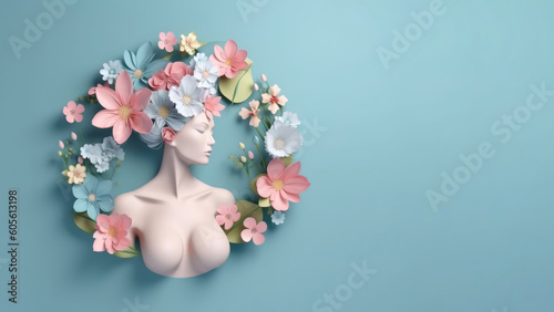 Female sculpture bust with spring flowers in 3d style. Concept of women's health and beauty. AI Generated.