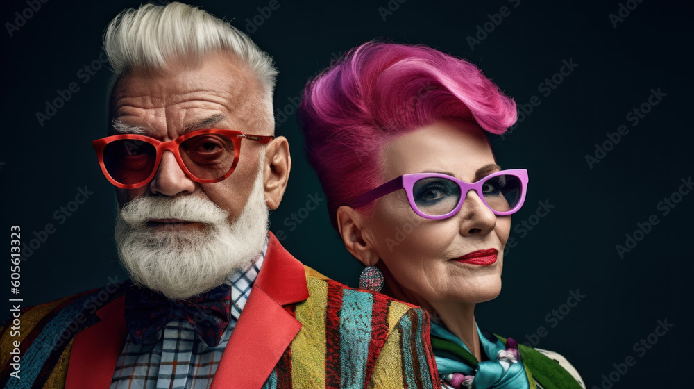Portrait of a stylish elderly couple created with generative AI technology Portrait of a stylish elderly couple created with generative AI technology