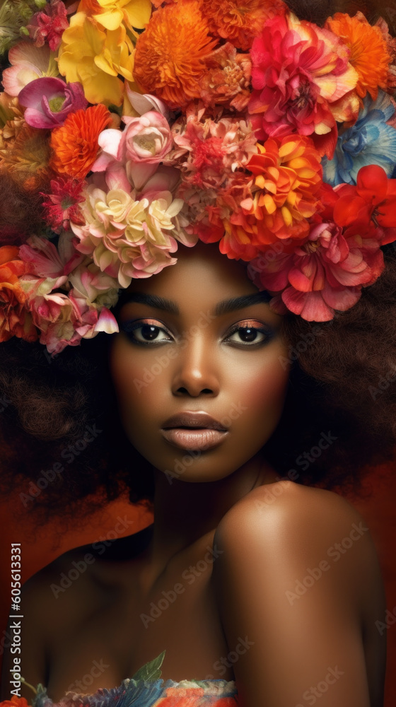 Beautiful black woman with a hairstyle of flowers created with generative AI technology