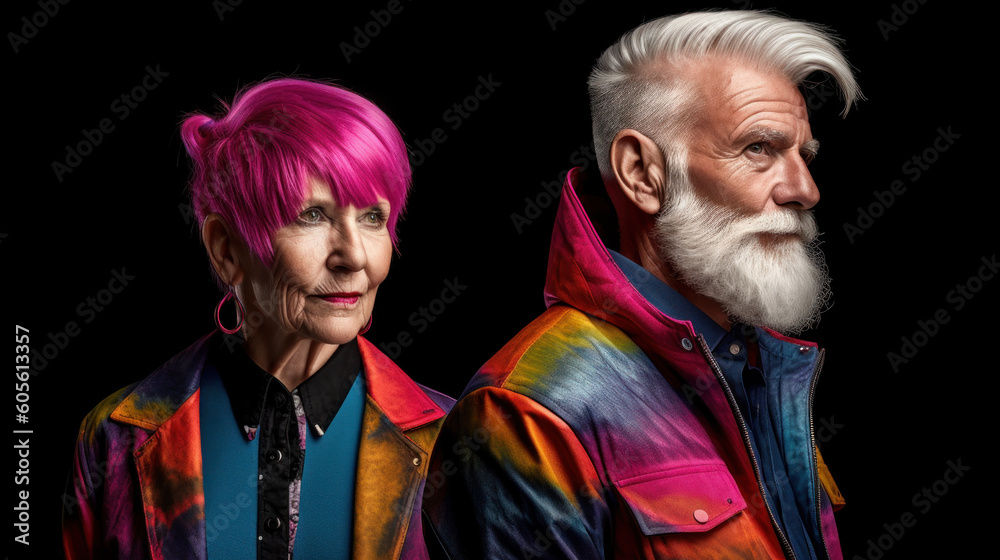 Portrait of a stylish elderly couple created with generative AI technology