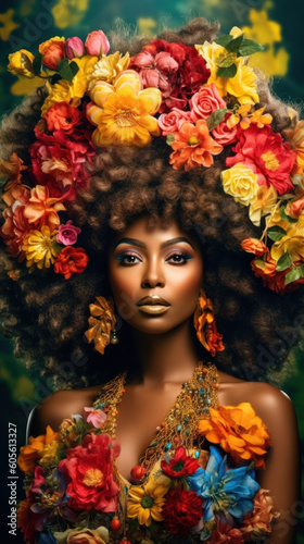 Beautiful black woman with a hairstyle of flowers created with generative AI technology
